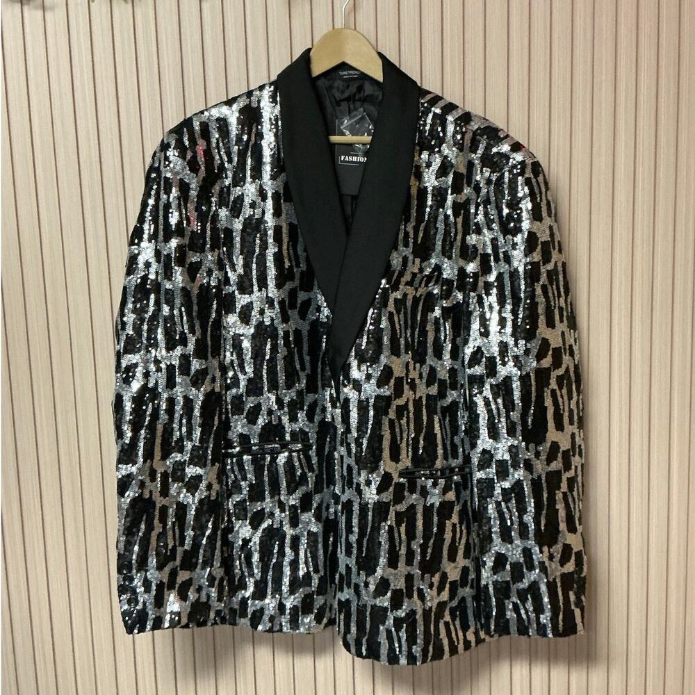 Turetrendy Sequin Shawl Lapel Blazer Silver Black Size XXL